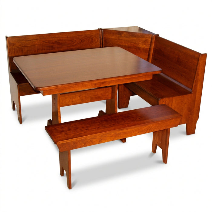 A reddish-brown wooden corner booth table set with a rectangular table, two bench seats, and backrests, isolated on a white background.