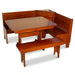 A reddish-brown wooden corner booth table set with a rectangular table, two bench seats, and backrests, isolated on a white background.