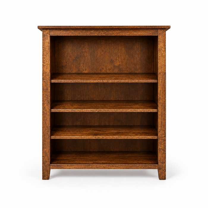 A rustic four-shelf wooden bookcase with a warm medium-to-dark brown finish and visible wood grain, shown against a plain white background.