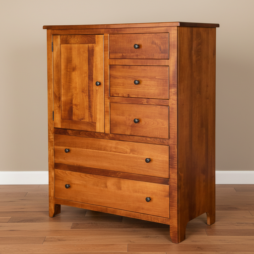Wooden dresser with multiple drawers and a cabinet door on a gray background