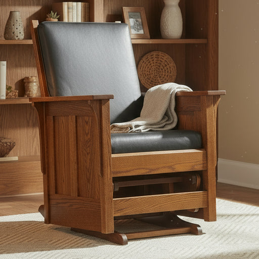 Amish Shaker Glider - Quality Fabrications - Solid Oak Glider With Leather Fabric