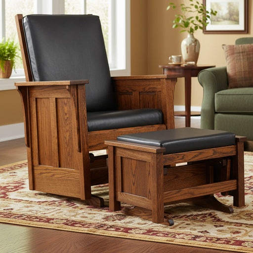 Amish Shaker Glider & Ottoman - Quality Fabrications - Solid Oak Glider With Leather Cushions