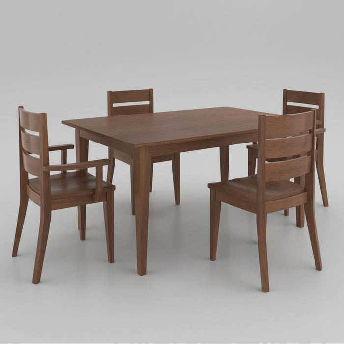 A 5-piece wooden dining set consisting of a rectangular table and four matching armchairs with ladder backs, shown on a neutral gray background.