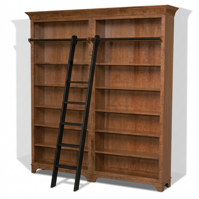 A tall wooden bookcase with two open shelves, a top hanging rod, and a black ladder leaning against the left side, shown on a plain light background.