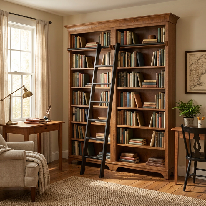 Amish Library Double Bookcase with Ladder (Custom Sizing Available)