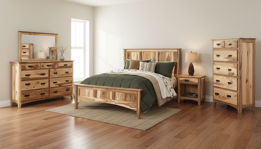 Amish Shaker Paneled 5-Pc. Bedroom Set - Rustic Hickory Natural - Queen Bed - 5-pc. Bedroom Set