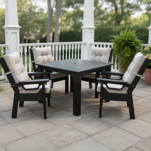 Amish Siesta Adjustable Back Chair - Echo Ash Sunbrella Fabric - Black Tangent Poly - Set Photo With 44" Table