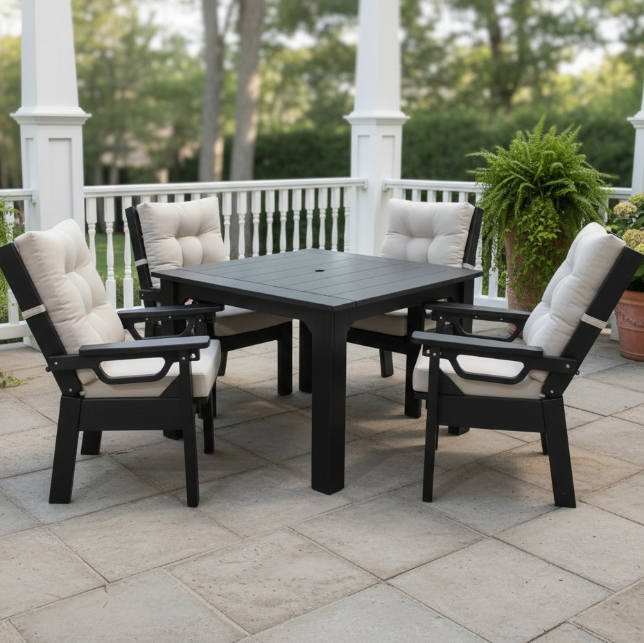 Amish Siesta Adjustable Back Chair - Echo Ash Sunbrella Fabric - Black Tangent Poly - Set Photo With 44" Table