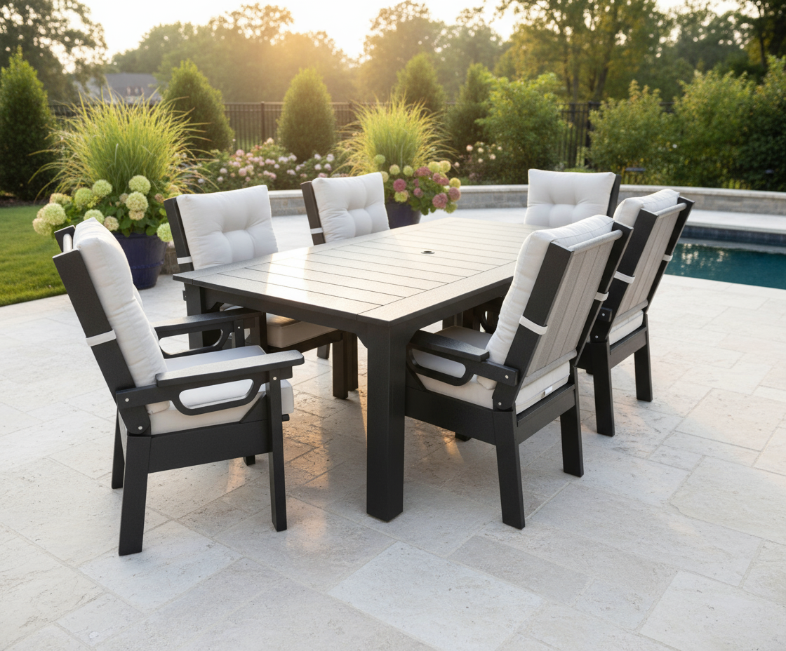 Amish Siesta Adjustable Back Chair - Echo Ash Sunbrella Fabric - Black Tangent Poly - Set Photo With 83" Table