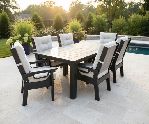 Amish Siesta Adjustable Back Chair - Echo Ash Sunbrella Fabric - Black Tangent Poly - Set Photo With 83" Table