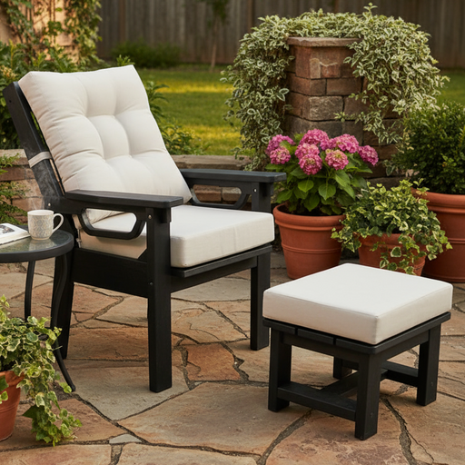 Amish Siesta Caribbean Adjustable Back Chair - Echo Ash Sunbrella Fabric - Black Tangent Poly - Set Photo With Foot Rest