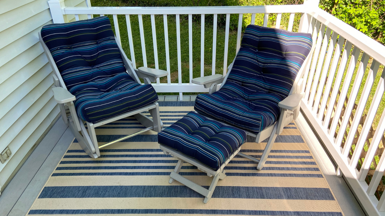Amish Siesta Folding Chair and Rocking Chair - Stanton Lagoon Sunbrella Fabric - Light Gray Poly - Siesta Outdoors - Delivery Photo