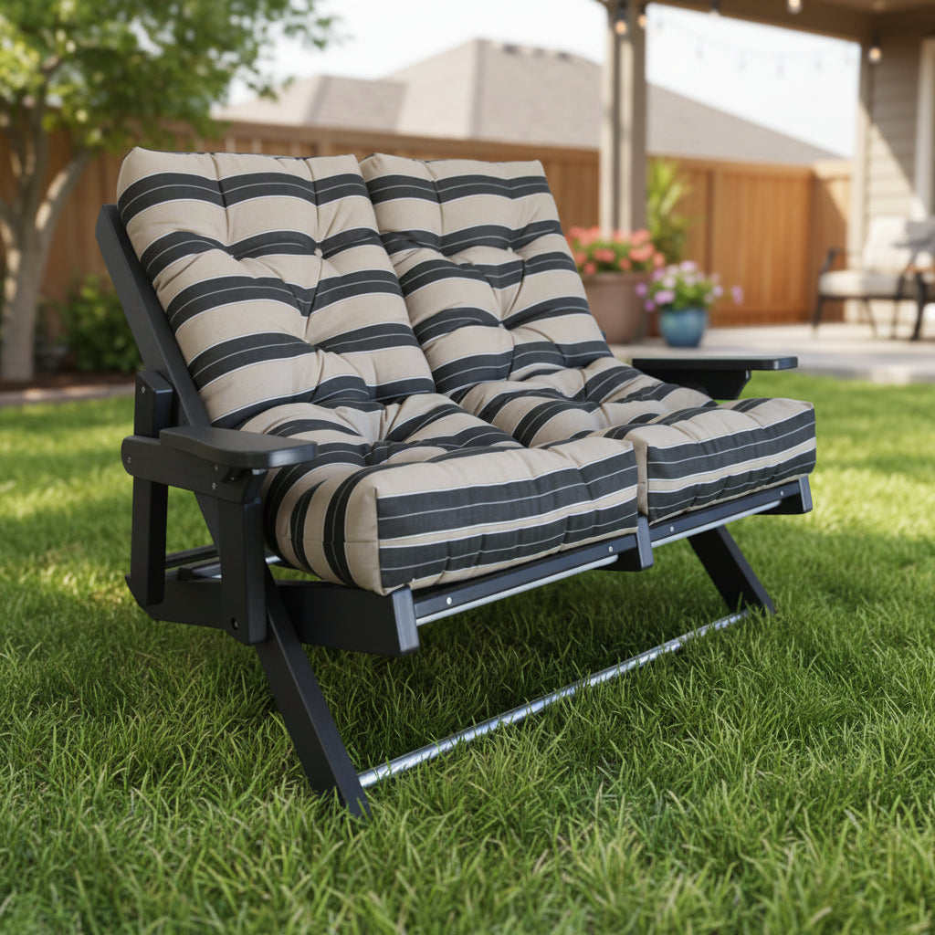 Amish Siesta Folding Loveseat - Berenson Tuxedo Sunbrella Fabric - Black Poly - Siesta Outdoors - Main Photo with Background