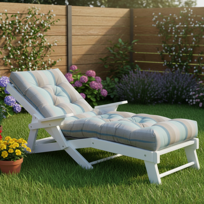 Amish Siesta High Back Chaise Lounge Sunlounger - Gateway Mist Sunbrella Fabric - White Tangent Poly - Main Photo with Background