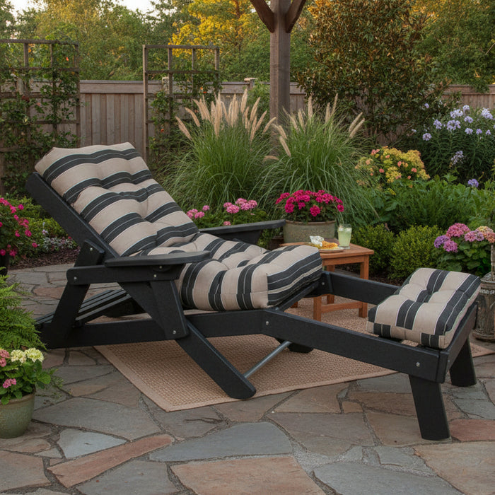 Amish Siesta Step-Thru Chaise Lounge Sun Lounger - Berenson Tuxedo Sunbrella Fabric - Black Tangent Poly - Main Photo With Background