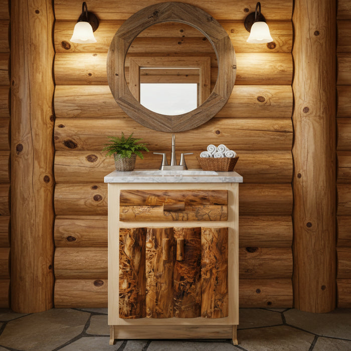 A rustic wood bathroom vanity cabinet with a white marble countertop and an integrated white sink, featuring a brushed nickel faucet. The cabinet has a single drawer with a carved wood front and two lower log-style doors with matching carved fronts, set against a solid light gray background.