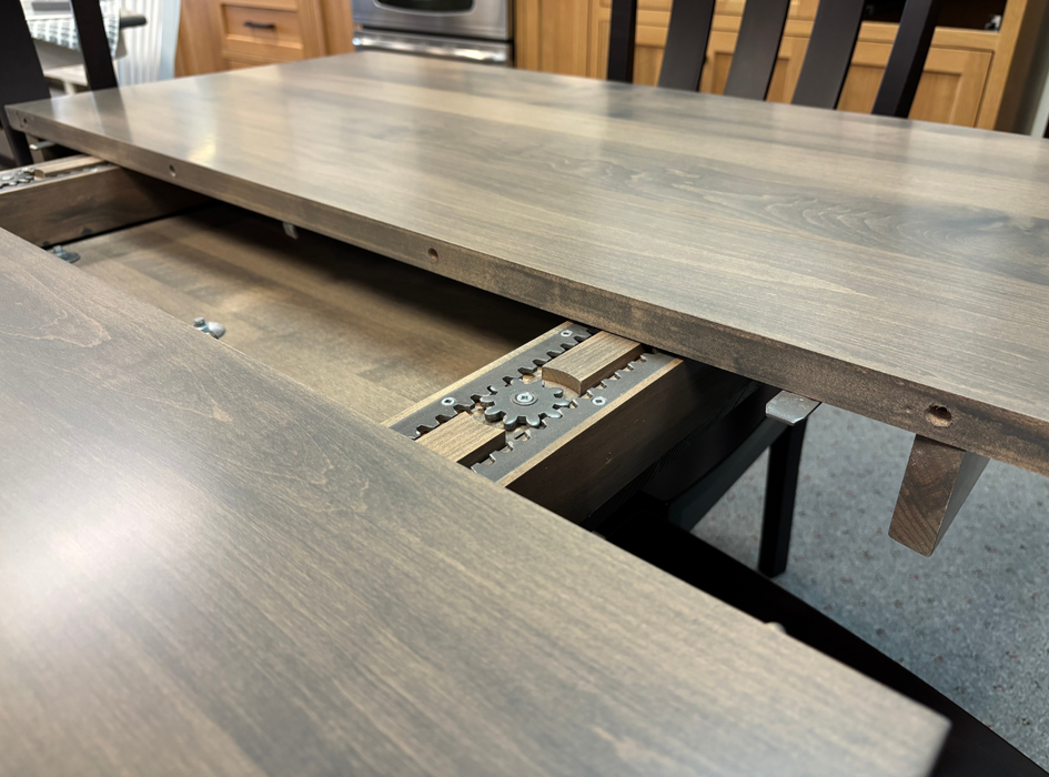 Amish Single Urbana Pedestal Table - Leaf Gears Close Up - Solid Brown Maple