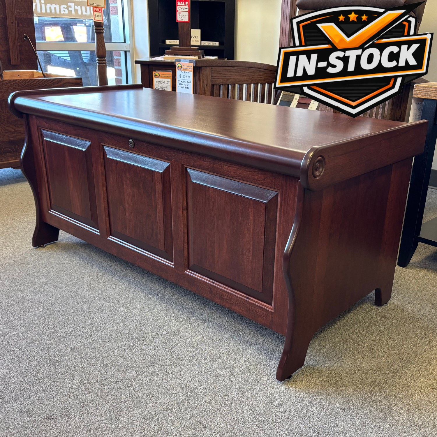 Amish Sleigh Cherry Cedar Chest - 47" - In-Stock