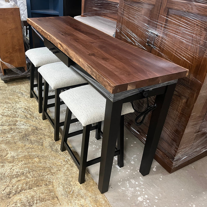 Amish Sofa Bar with Upholstered Barstool Walnut Live Edge Top Front Facing