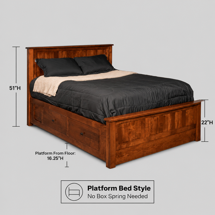Amish Solid Wood Shaker Storage Bed - Brown Maple - OCS-113 Michaels Cherry - Dimensions Included