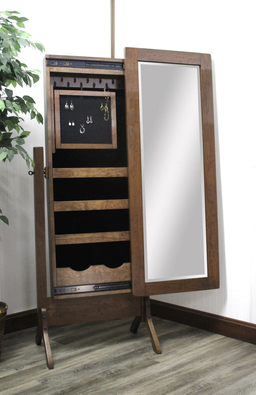 Amish Sonoma Jewelry Cheval Mirror
- Sliding Mirror (Slides To The Right Standard)
- Hinged Earring Door
- 11 Hook Necklace Board
- 1st Shelf: 3 Ring Slots
- 2nd Shelf: 3 Dividers
- 3rd Shelf: 4 Dividers
- Bottom Shelf: 1 Divider