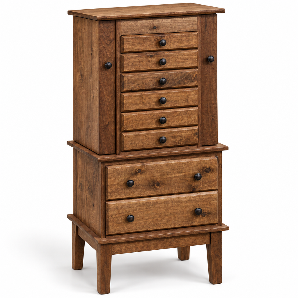 A rustic wooden chest of drawers with a two-tier design, featuring a top section with six drawers and a bottom section with three larger drawers, all with dark round knobs, set against a plain white background.