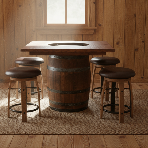 Amish Square Barrel Table With Barrel Stave Barstools with Fabric Seats - Set Photo in Rustic Cabin - Genuine Reclaimed Whiskey Barrel Table