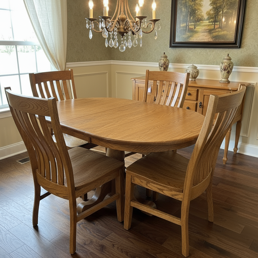 Amish Standard Single Pedestal Dining Set - In Dining Room Photo - Oak CS-101 S2 Stain