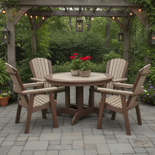 Amish Sterling 48" Round Dining Set - 4 Sterling Adirondack Chairs - Weatherwood on Brown - Buckeye Poly - Set Photo