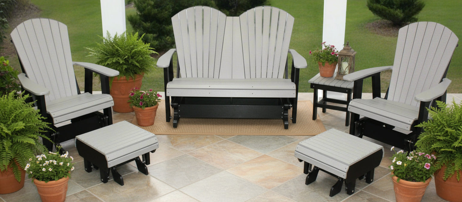 Amish Sterling Poly Adirondack Gliders Set - 2 Single Gliders and 1 4' Glider - Light Gray on Black - Set Photo