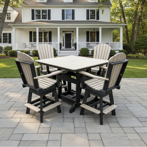 Amish Superior Adirondack 44" Square Balcony Dining Set - Swivel Adirondack Dining Chairs - Counter Height Poly Dining Table - Weatherwood on Black - In-Stock