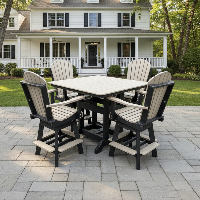 Amish Superior Adirondack 44" Square Balcony Dining Set - Swivel Adirondack Dining Chairs - Counter Height Poly Dining Table - Weatherwood on Black - In-Stock