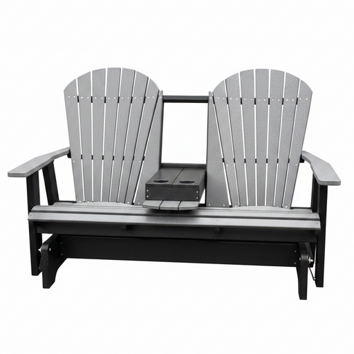 Amish Superior Adirondack 5' Glider With Cupholder - Tangent Poly - Dark Gray on Black - Center Seat Folded Down