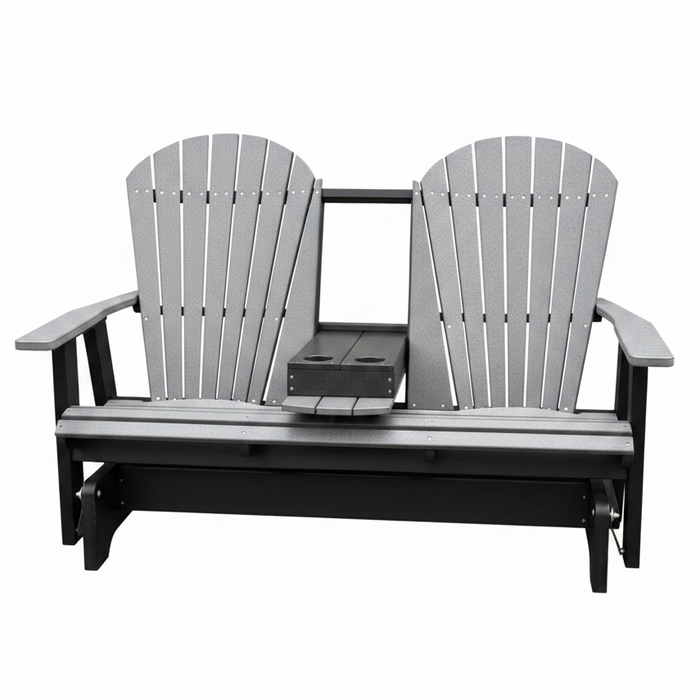 Amish Superior Adirondack 5' Glider With Cupholder - Tangent Poly - Dark Gray on Black - Center Seat Folded Down
