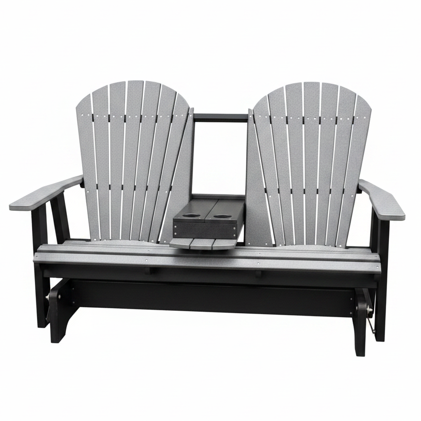 Amish Superior Adirondack 5' Glider With Cupholder - Tangent Poly - Dark Gray on Black - Center Seat Folded Down