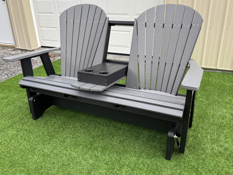 Amish Superior Adirondack 5' Glider With Cupholder - Tangent Poly - Dark Gray on Black - Center Seat Folded Down