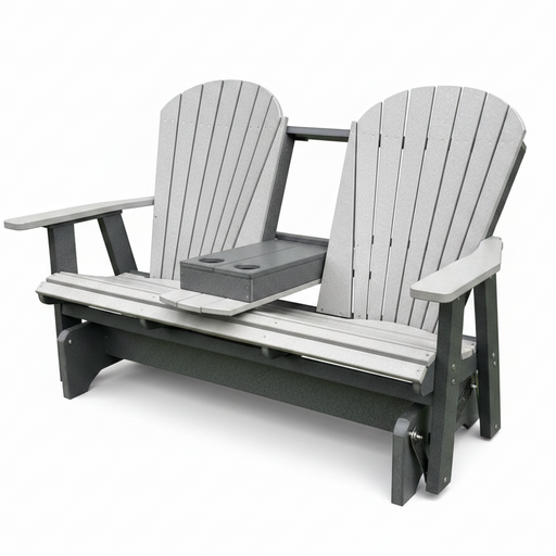 Amish Superior Adirondack 5' Glider With Cupholder - Tangent Poly - Light Gray on Dark Gray - Center Seat Folded Down