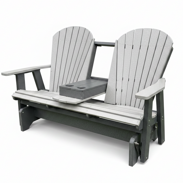 Amish Superior Adirondack 5' Glider With Cupholder - Tangent Poly - Light Gray on Dark Gray - Center Seat Folded Down