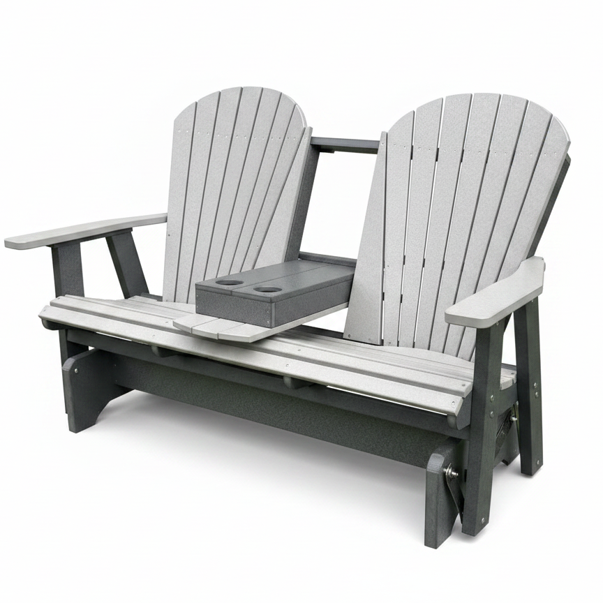 Amish Superior Adirondack 5' Glider With Cupholder - Tangent Poly - Light Gray on Dark Gray - Center Seat Folded Down