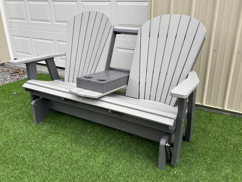 Amish Superior Adirondack 5' Glider With Cupholder - Tangent Poly - Light Gray on Dark Gray - Center Seat Folded Down