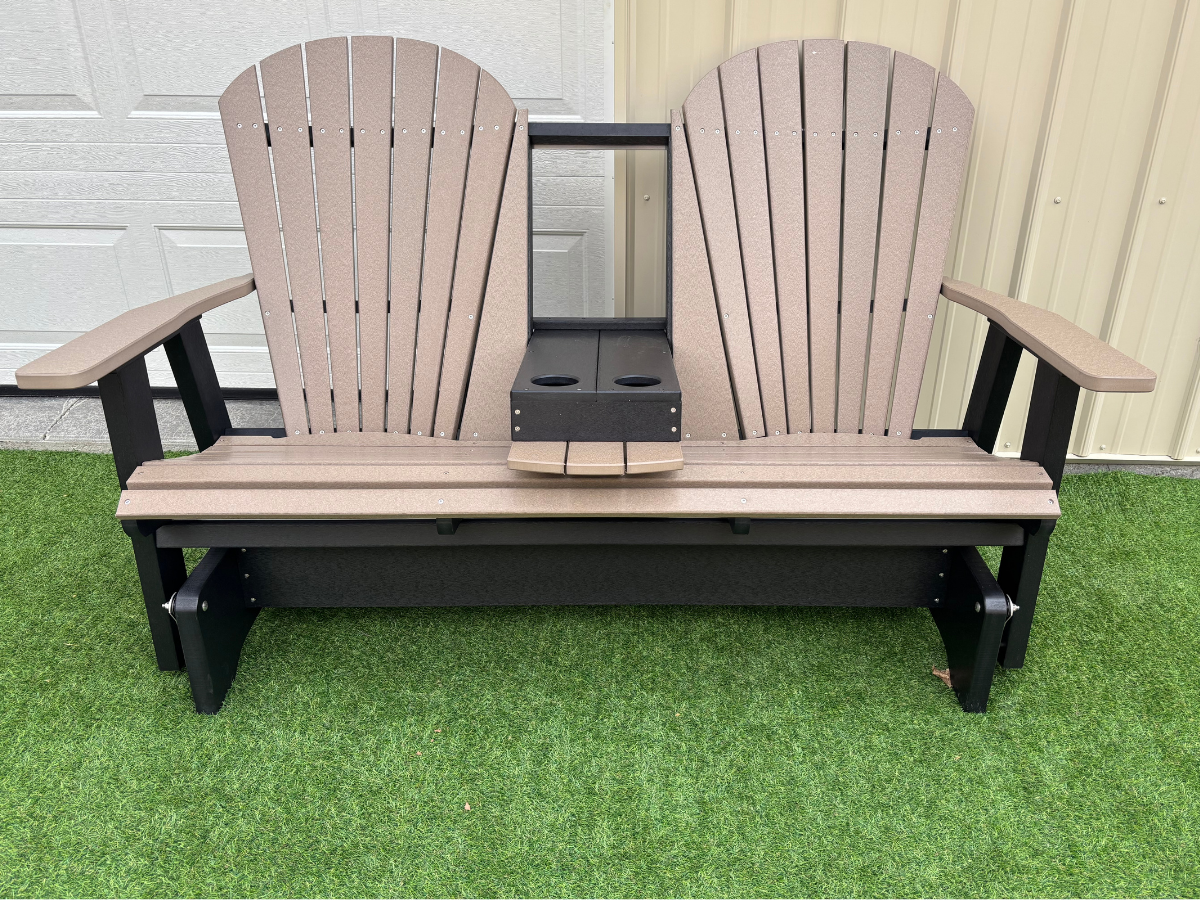 Amish Superior Adirondack 5' Glider With Cupholder - Tangent Poly - Weatherwood on Black - Center Seat Folded Down