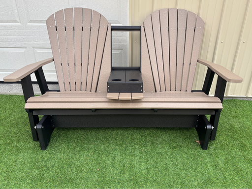 Amish Superior Adirondack 5' Glider With Cupholder - Tangent Poly - Weatherwood on Black - Center Seat Folded Down