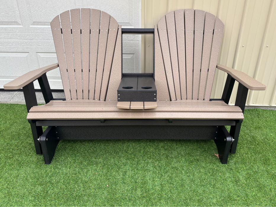 Amish Superior Adirondack 5' Glider With Cupholder - Tangent Poly - Weatherwood on Black - Center Seat Folded Down