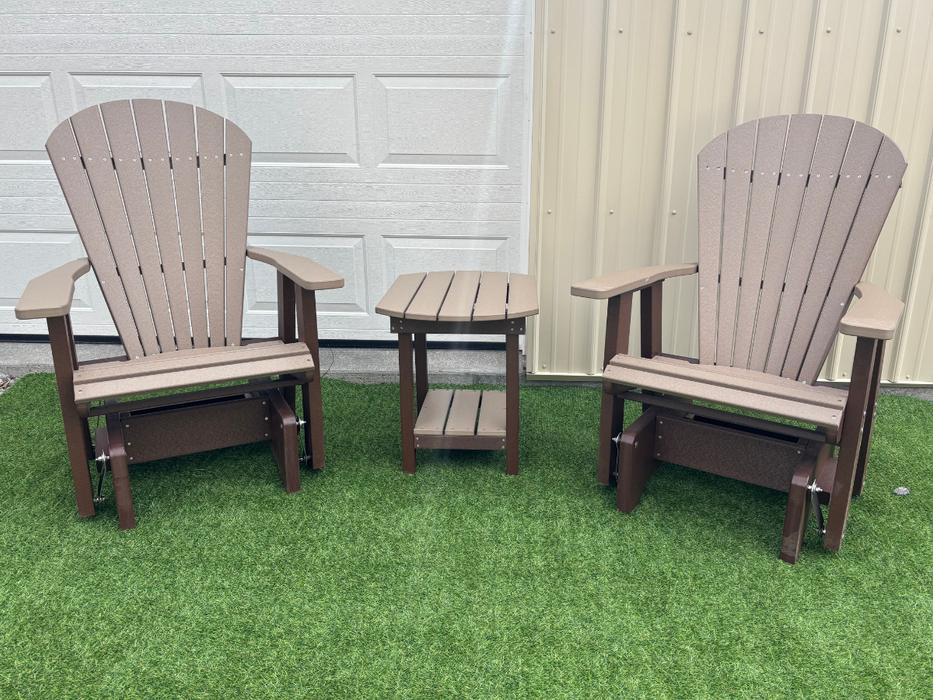Amish Superior Adirondack Glider Set With End Table - Tangent Poly - Weatherwood on Brown 2