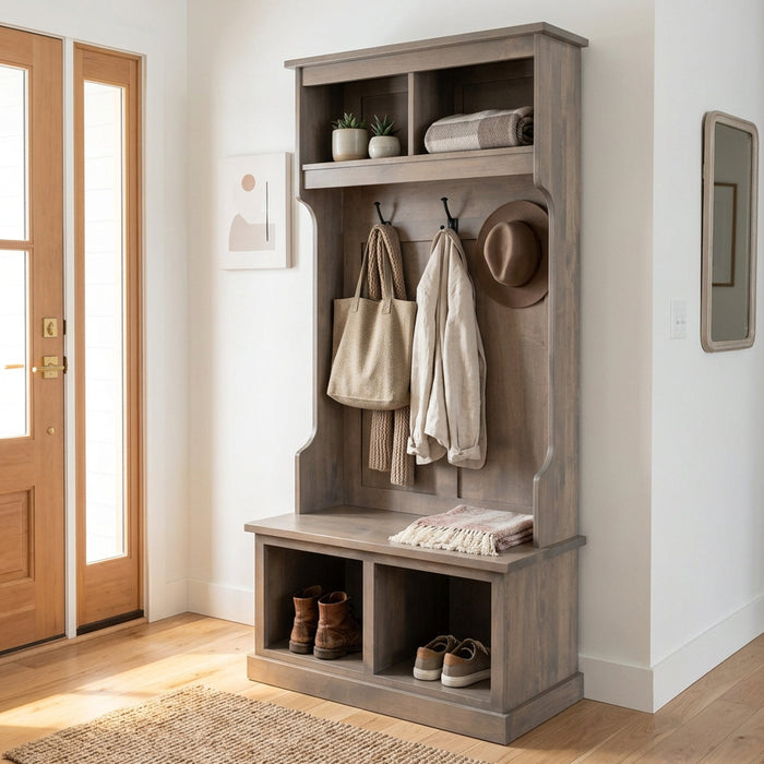 A tall, narrow entryway console table with a weathered gray-brown wood finish, featuring a top shelf, three hanging hooks, a bench seat, and two lower storage cubbies, shown on a plain white background.