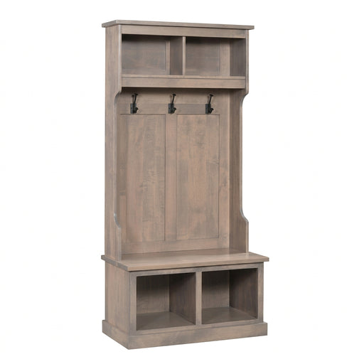 A tall entryway hall tree in a weathered gray-brown wood finish, featuring an open top shelf, three hanging hooks, a bench seat, and two lower storage cubbies, shown on a plain white background.
