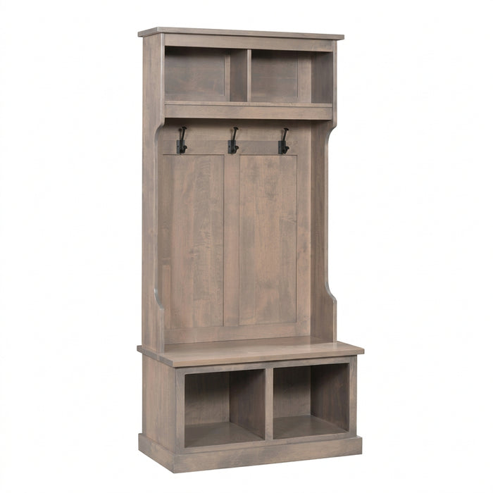 A tall entryway hall tree in a weathered gray-brown wood finish, featuring an open top shelf, three hanging hooks, a bench seat, and two lower storage cubbies, shown on a plain white background.