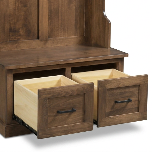 A dark brown wooden entryway bench with two pull-out storage drawers, shown on a white background.