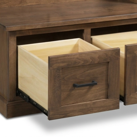 A dark brown wooden storage bench or hutch with two drawers pulled out, showing light natural wood interiors and black metal handles, photographed on a white background.