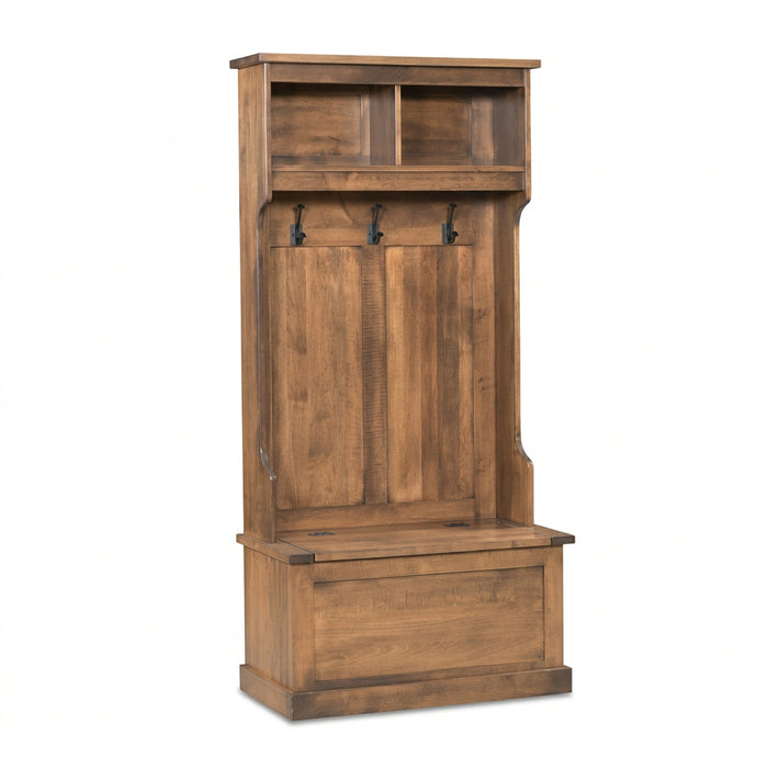 A rustic brown wooden entryway console table featuring a bench seat, a lower storage cabinet, a top shelf with two compartments, and three black metal coat hooks on the front door panel.